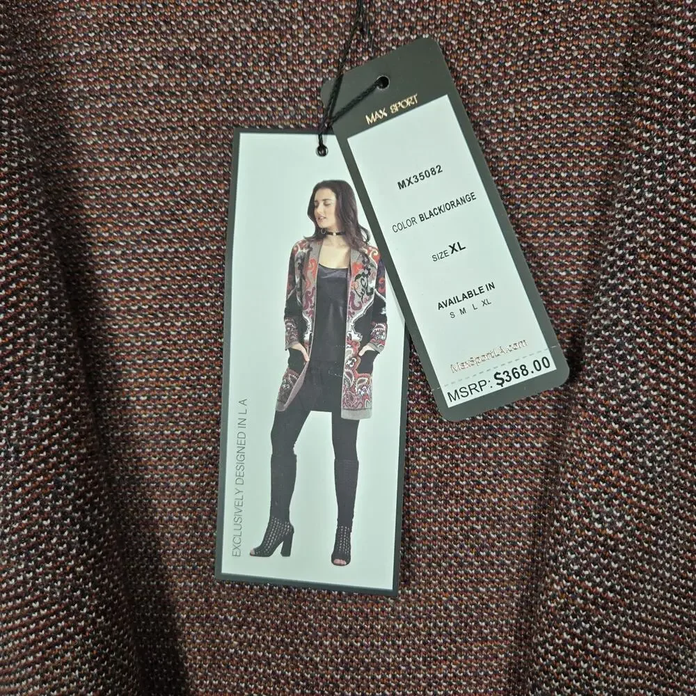 Max Sport Hooded Longline Cardigan XL Black Orange Open Front Pockets $368 SRP - Picture 10 of 16